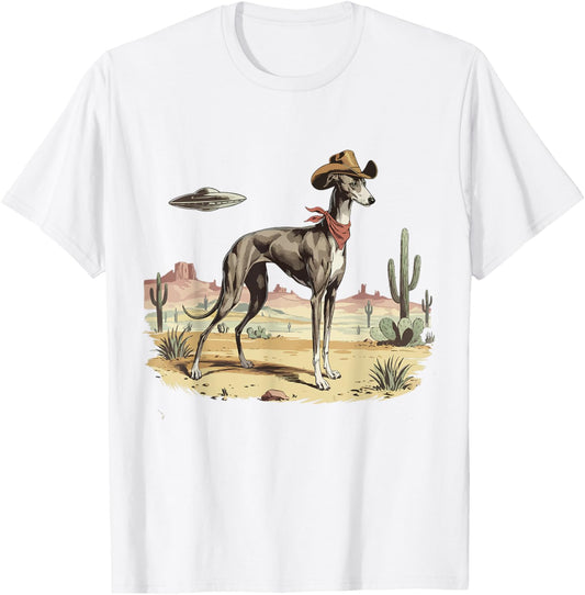 UFO Greyhound Western Alien Vintage 90s Whippet Cowboy Dog T-Shirt