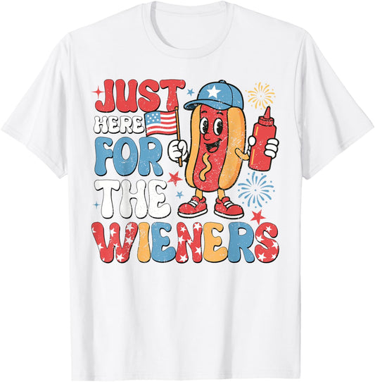 Retro Just Here For The Wieners 4th of July Funny Hot Dog T-Shirt