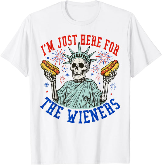 Just Here For The Wieners Skeleton Hot Dog 4th Of July USA T-Shirt