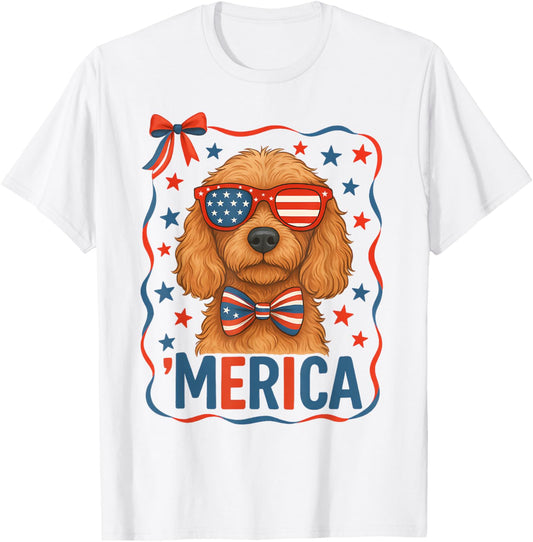 Patriotic Goldendoodle Coquette Bow USA Flag 4th of July T-Shirt