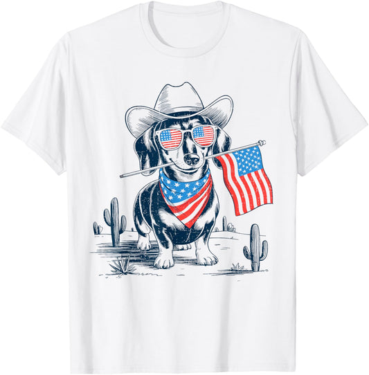 4th of July Patriotic dachshund dog Cowboy Dog USA Flag T-Shirt