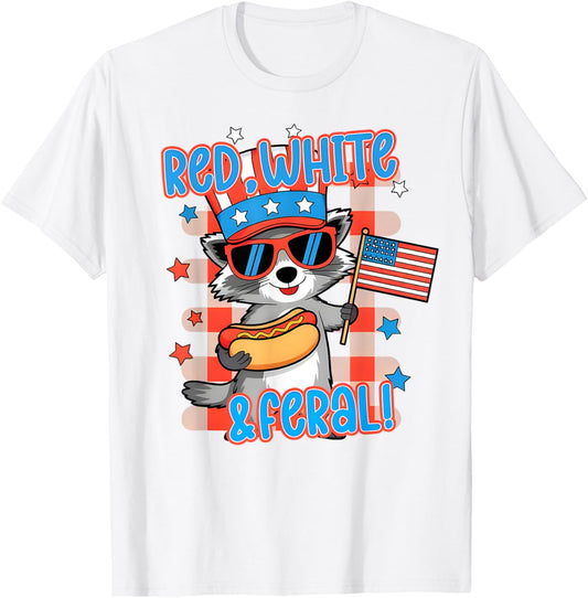 Red White And Feral Funny Raccoon Hotdog USA Flag 4th July T-Shirt