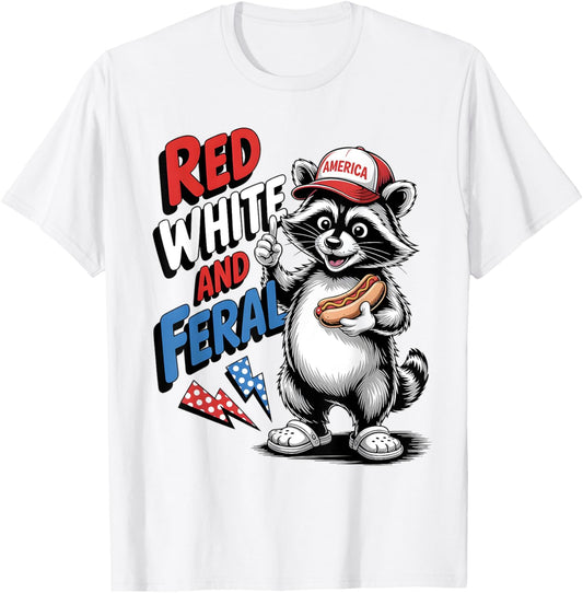 Red White And Feral Funny Raccoon Hotdog America 4th of July T-Shirt