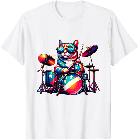 Cat Drum Design Funny 4th of July USA Flag Drummer Graphic T-Shirt