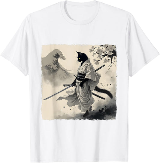 Vintage Samurai Cat Warrior Ink Art Cat Lovers Japanese T-Shirt
