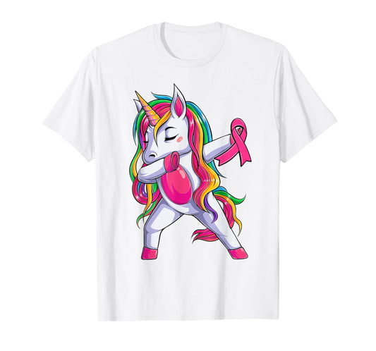 Dabbing Unicorn Pink Ribbon Breast Cancer Awareness Support T-Shirt