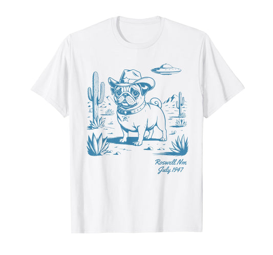 Pug Dog Cowboy Cowgirl UFO Vintage Western Country Dog Mom T-Shirt