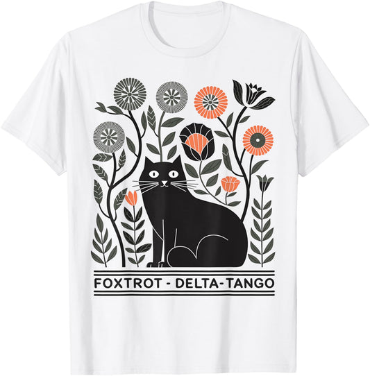Retro Foxtrots Deltas Tangos Flower Art Cat in Flowers T-Shirt