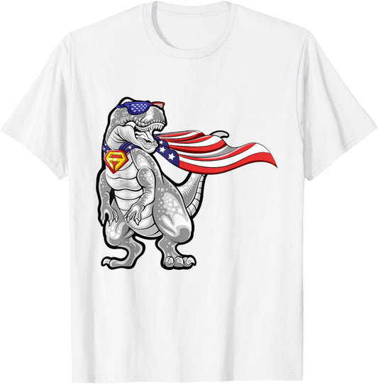 Dino American Flag T Rex Dinosaur 4th of July Patriotic T-Shirt for Women Kids Men
