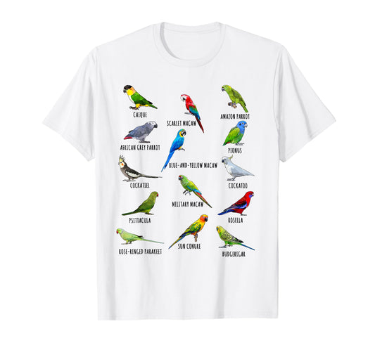 Different Parrot Species Biology Types Bird Identification T-Shirt