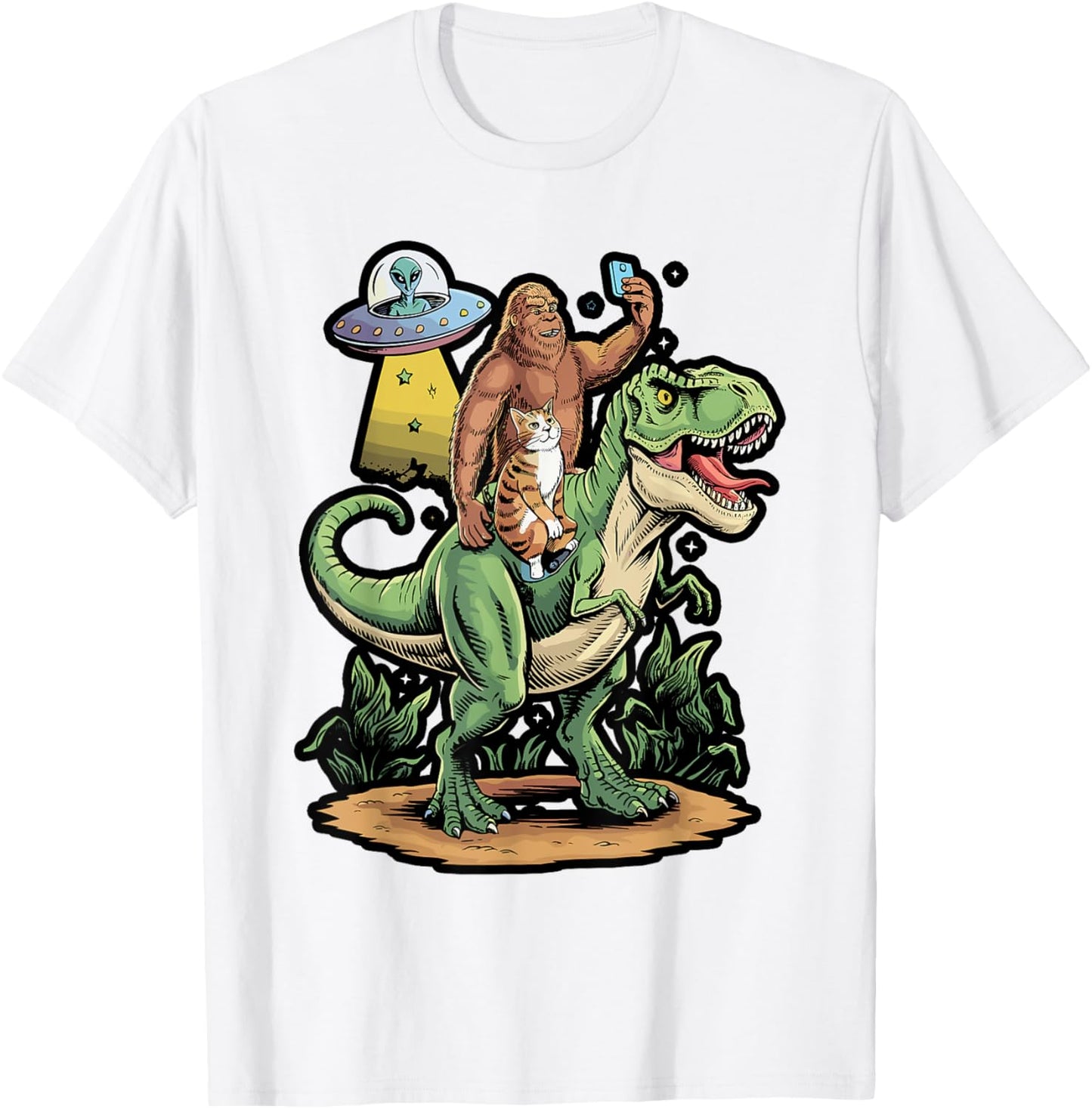 Cat Witnesses Bigfoot on Dinosaur T-Shirt