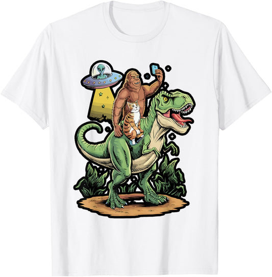 Cat Witnesses Bigfoot on Dinosaur T-Shirt