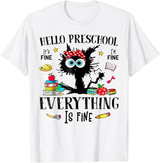 Hello preschool Back To School Teacher & Kids Funny Cat T-Shirt