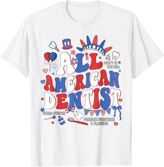 American Dentist 4th July Dental Hygienist Groovy Tooth USA T-Shirt