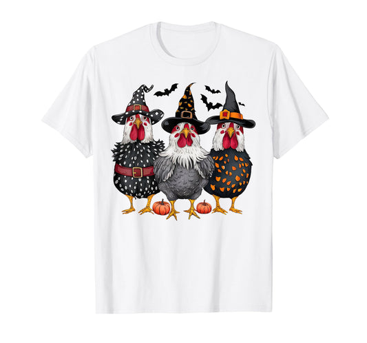 Retro Chicken Witch Hat Pumpkin Funny Halloween Women T-Shirt