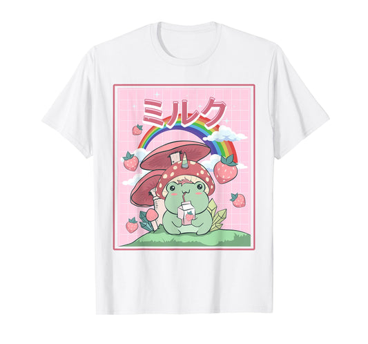 Cottagecore Aesthetic Kawaii Frog Drinking Japanese Milk T-Shirt