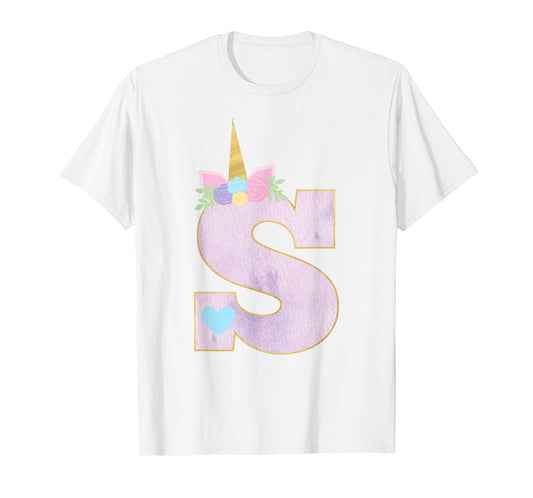 Girls Unicorn with Letter S Initial Monogram for Birthday T-Shirt