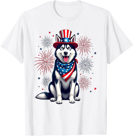 Siberian Husky dog, July 4th, American Flag, T-Shirt
