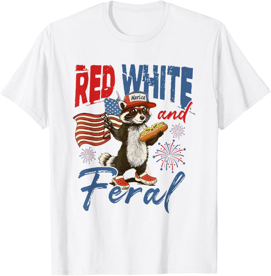 Vintage Red White and Feral Funny Raccoon Hotdog 4th of July T-Shirt