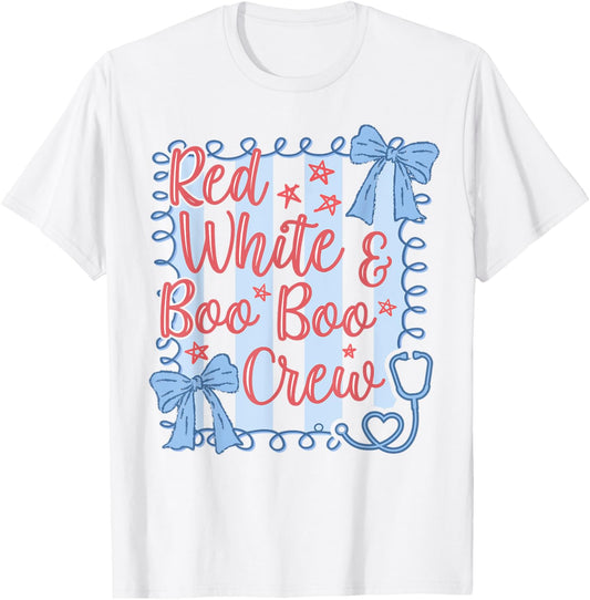 Red White Boo Boo Crew 4th Of July Retro Coquette RN Nurse T-Shirt
