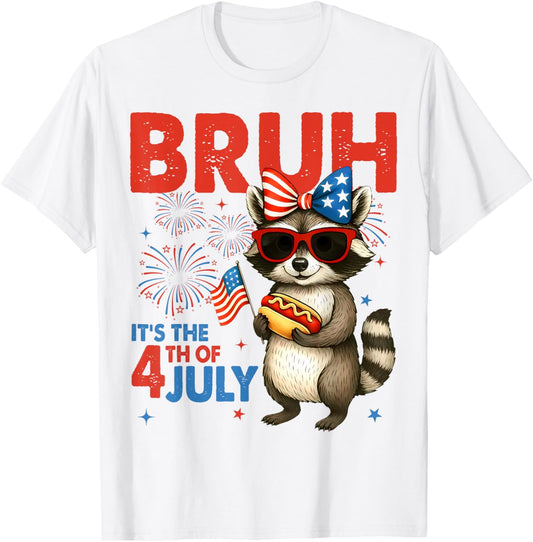Bruh It's 4th Of July Raccoon Hot Dog USA Flag 4th Of July T-Shirt