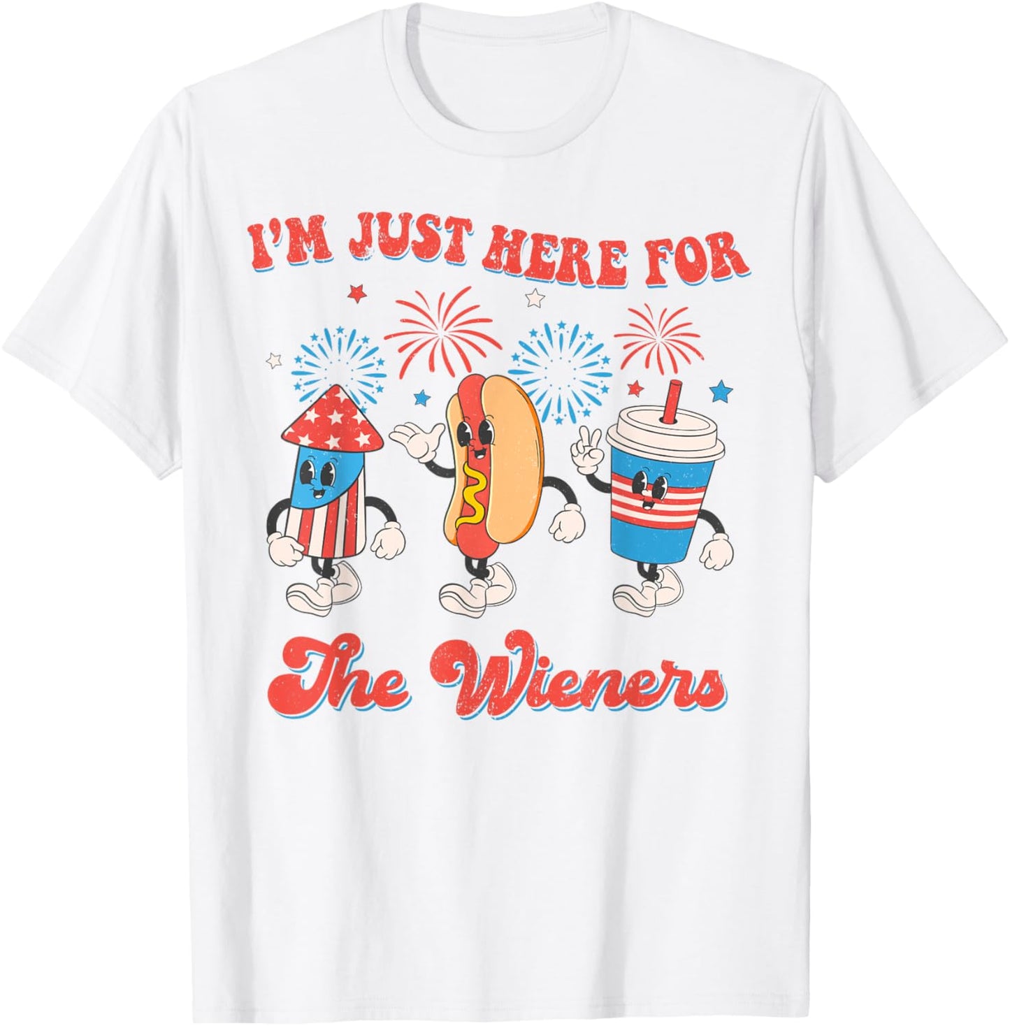 Retro Just Here For The Wieners 4th of July Funny Hot Dog T-Shirt