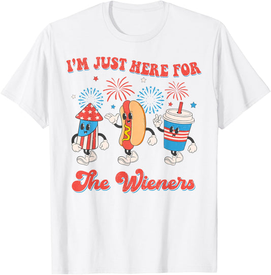 Retro Just Here For The Wieners 4th of July Funny Hot Dog T-Shirt