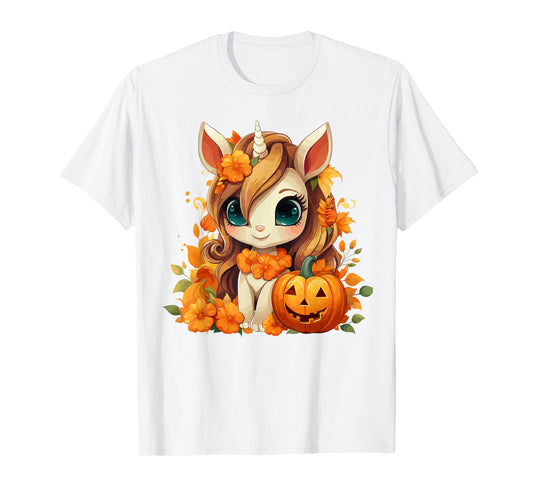 Cute Unicorn Pumpkin Girls Kids Halloween Thanksgiving T-Shirt