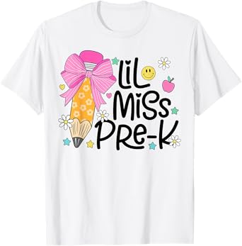 Little Miss Pre-K Kids Girls Pencil Bow First Day Of School T-Shirt