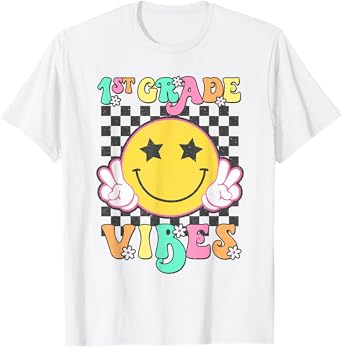 Girls 1st Grade Vibes Smile Face Back to School First Grade T-Shirt