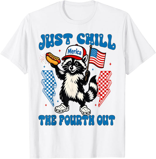 Retro Just Chill The Fourth Out Raccoon Hotdog 4th Of July T-Shirt