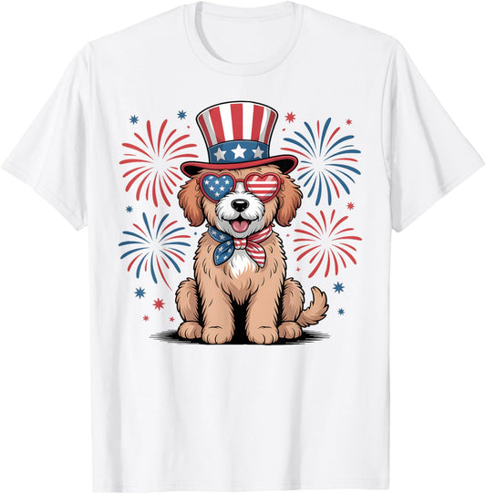 Patriotic Goldendoodle Dog 4th of July USA Fireworks T-Shirt