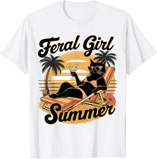Retro Feral Girl Summer Cat for Beach Lovers T-Shirt