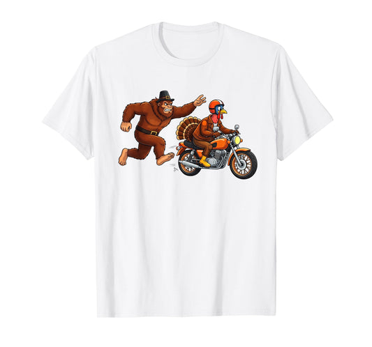Funny Thanksgiving Turkey Motorcycle Bigfoot Chase Humor T-Shirt