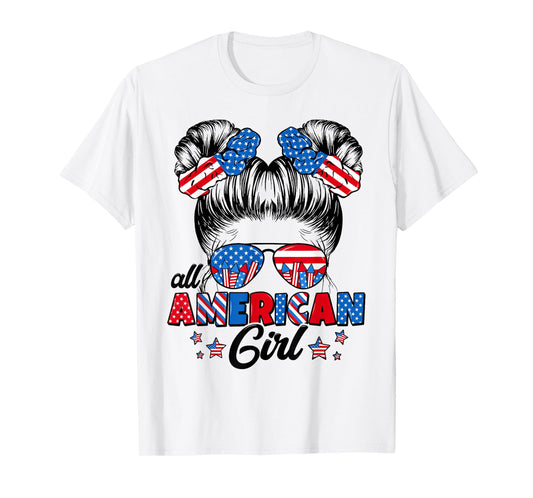 All American Funny Girl Messy Bun Patriotic 4th Of July T-Shirt