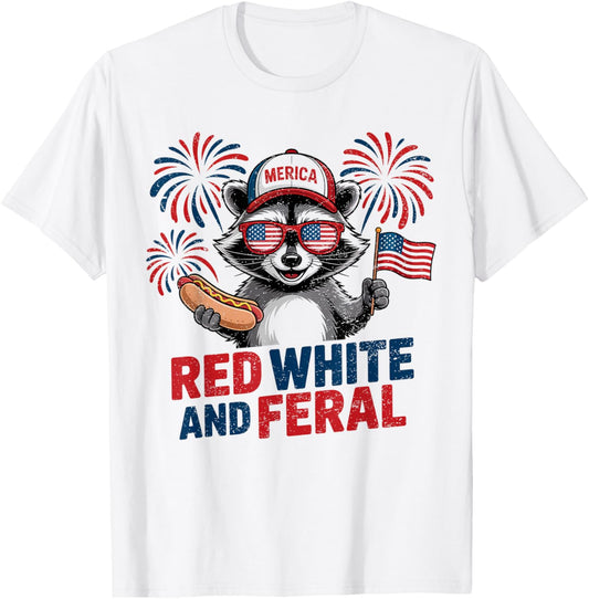 4th of July Red White and Feral Raccoon USA Flag Fireworks T-Shirt