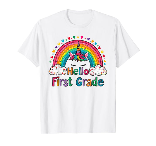 Hello First Grade Rainbow Cute Unicorn Teacher Kids Women T-Shirt
