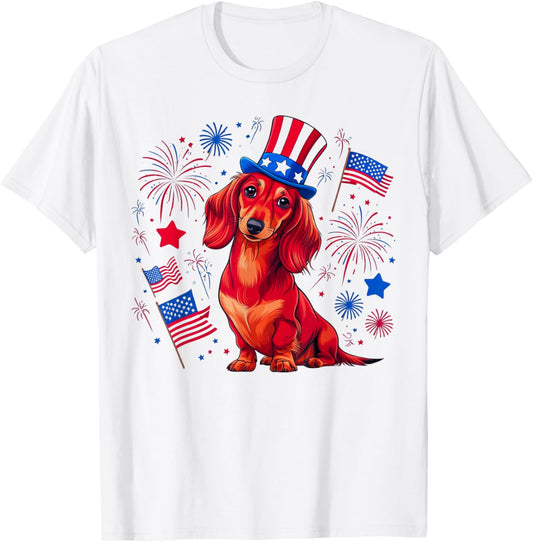 Patriotic Red Long-Haired Dachshund 4th of July Dog Lover T-Shirt