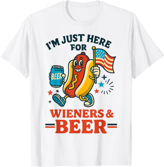 Hot Dog I'm Just Here For The Wieners Funny 4th of July Beer T-Shirt