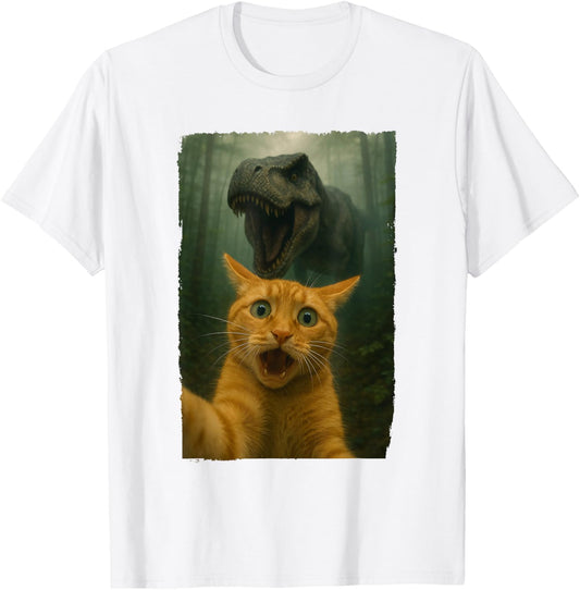 Funny Surprised Scared Cat Selfie T-Rex Dinosaur T-Shirt for Men Women Girls Kids