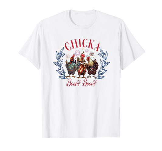 Chicka Boom Boom Cute Chicken Retro 4th of July America T-Shirt