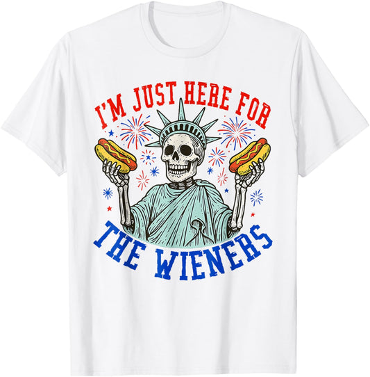Just Here For The Wieners Funny Skeleton 4th Of July Hot Dog T-Shirt