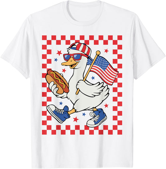Boys Goose American Flag 4th of July Silly Goose Hot Dog T-Shirt