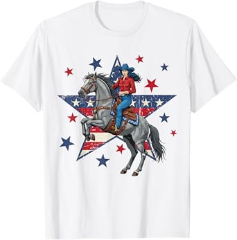 Patriotic American Cowgirl Riding Horse USA Flag 4th of July T-Shirt