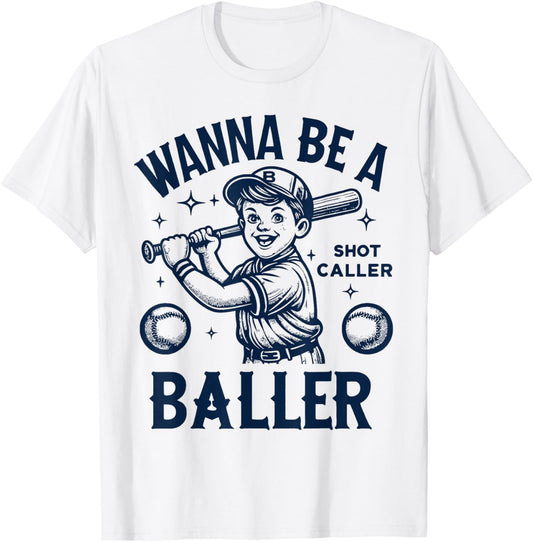 Wanna Be A Baller Shot Caller Retro Game Day Baseball Boy T-Shirt