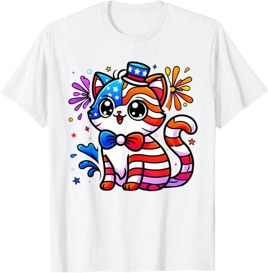 Meowica 4th of July Boys Girls Kids American Cat Patriotic T-Shirt