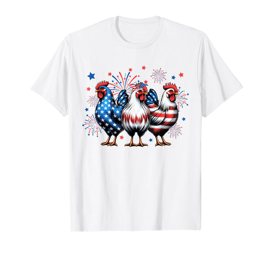 Red White Blue Chicken USA Flag Firework 4th Of July T-Shirt