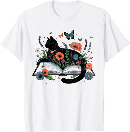 Retro Cute Cat Floral Book Librarian Vintage Floral Cat Book T-Shirt