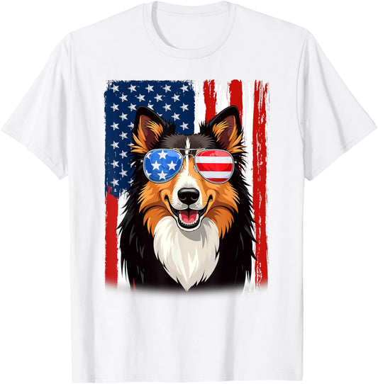 USA America Flag Rough Collie Dog 4th of July Patriotic T-Shirt