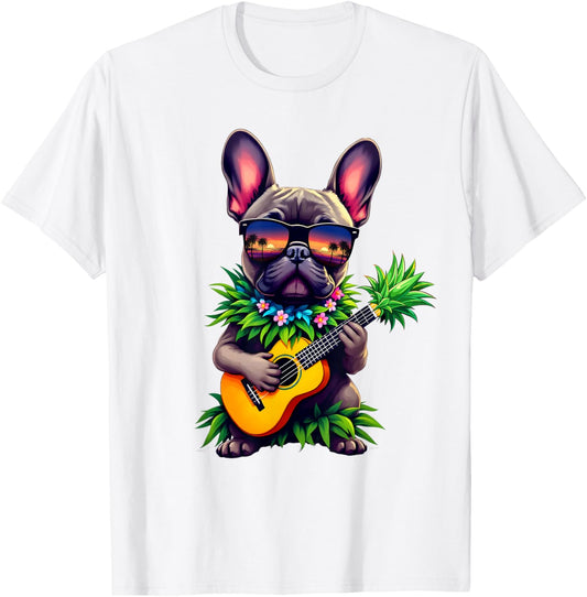 Hawaiian French Bulldog & Pineapple Ukulele Summer Vacation T-Shirt